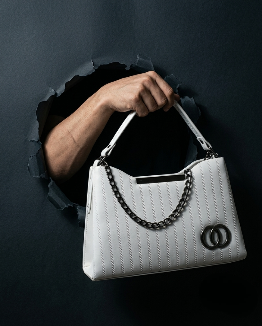 White Structured Handbag with Chain & Ring Detail – Textured Diagonal Stripe Purse