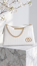 White Quilted Handbag with Gold Chain Handle & Double Ring Detail