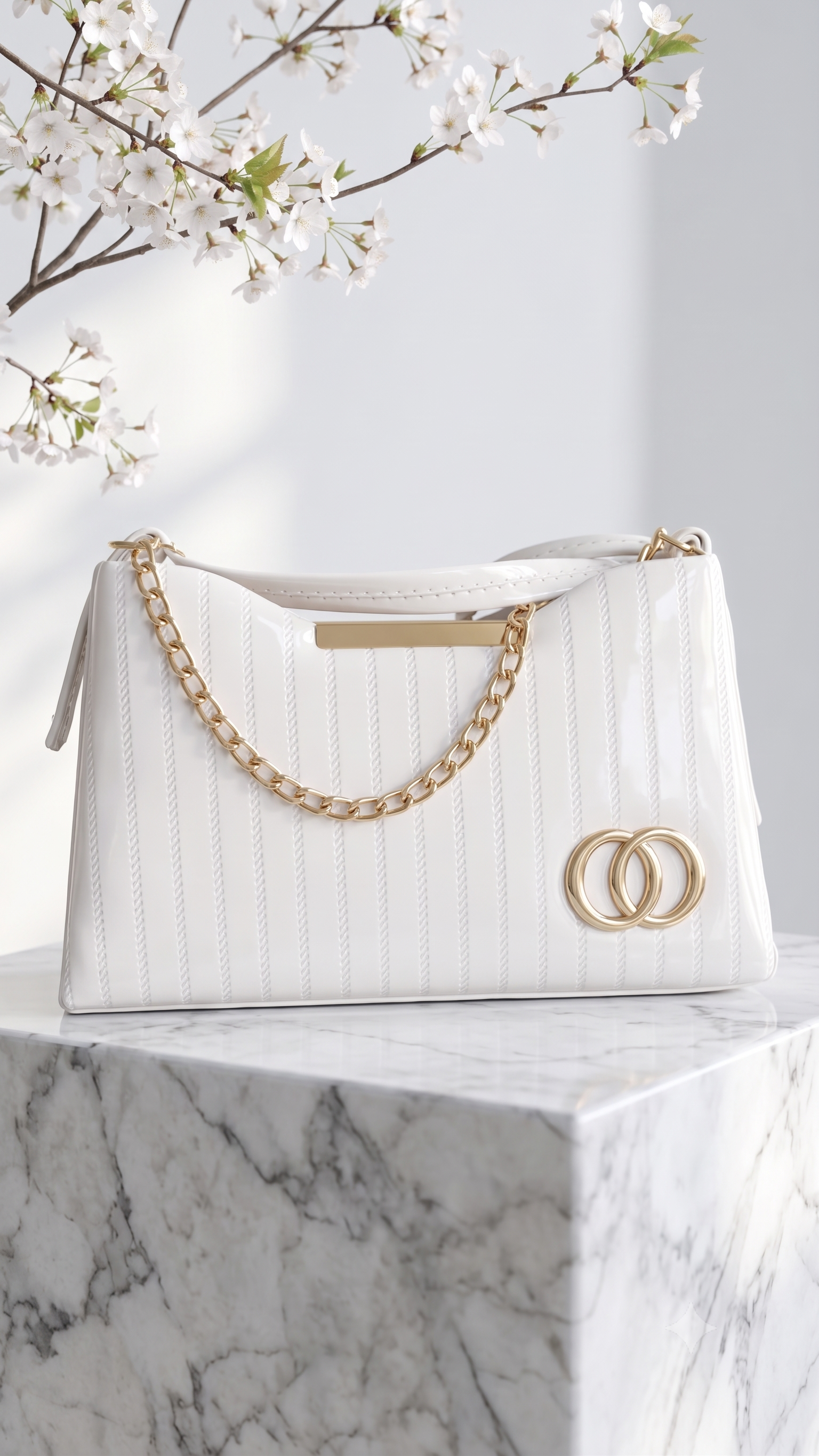 White Quilted Handbag with Gold Chain Handle & Double Ring Detail