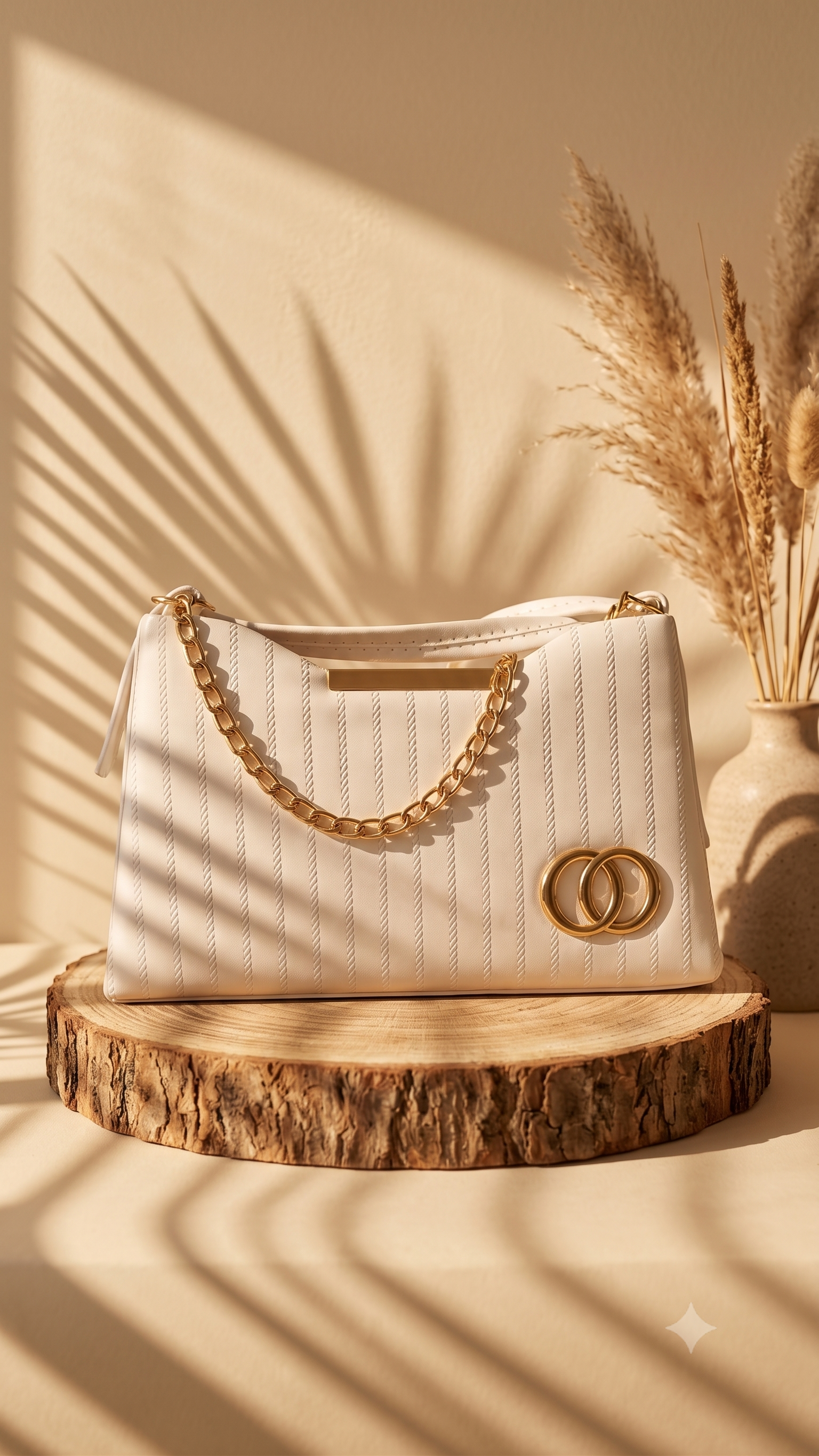 White Quilted Handbag with Gold Chain Handle & Double Ring Detail