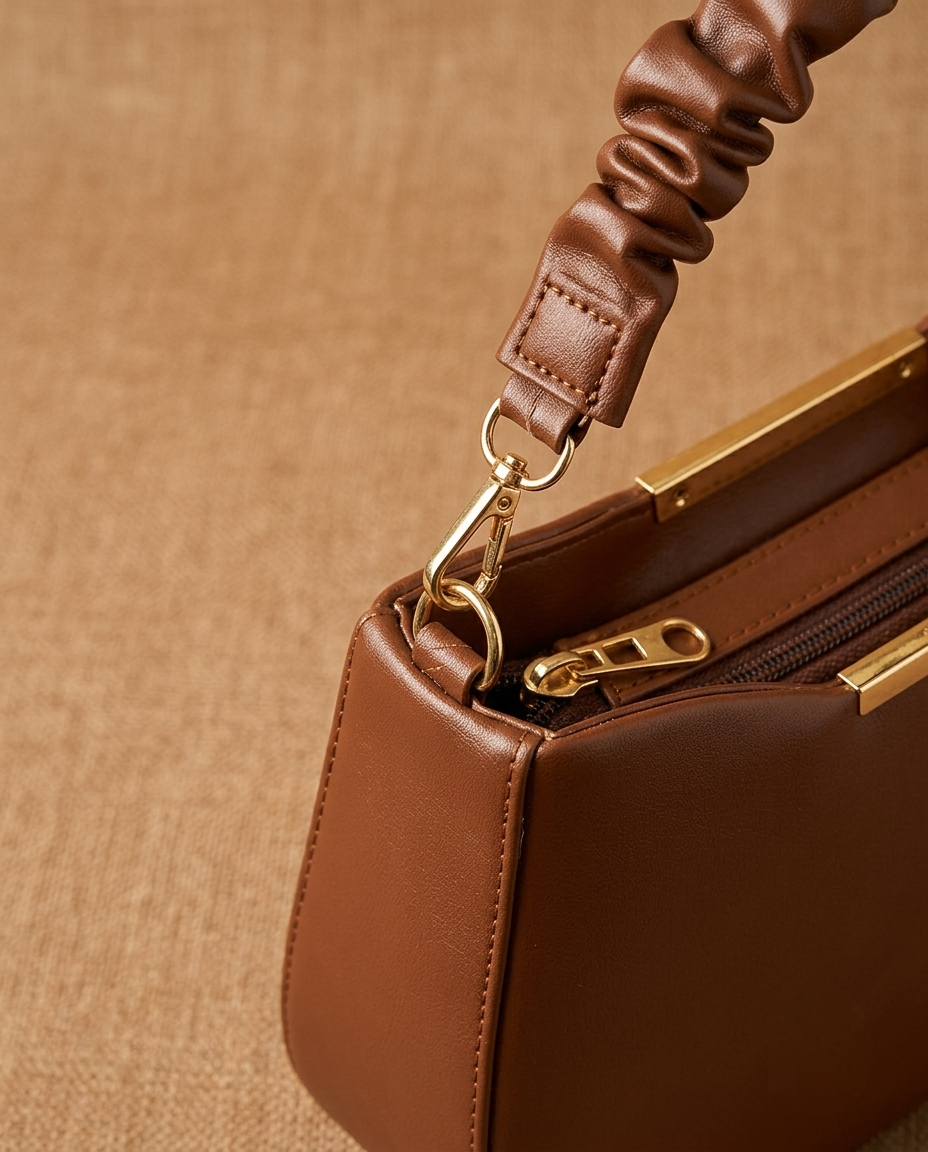 Tan Brown Clutch Bag with Ruched Handle & Gold Bar Detail