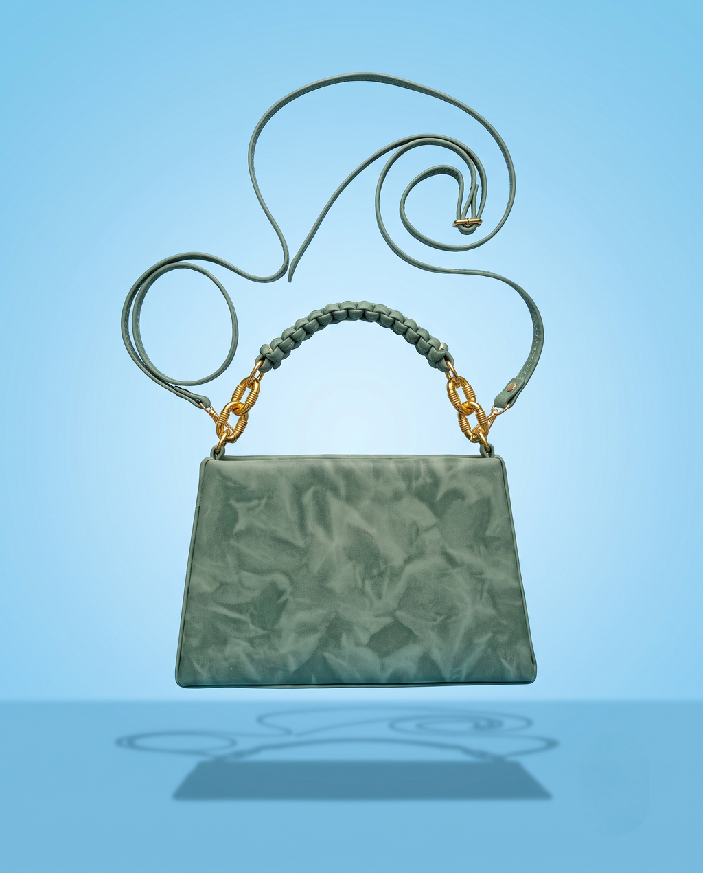 Sage Green Textured Handbag with Braided Handle & Gold Chain Detail