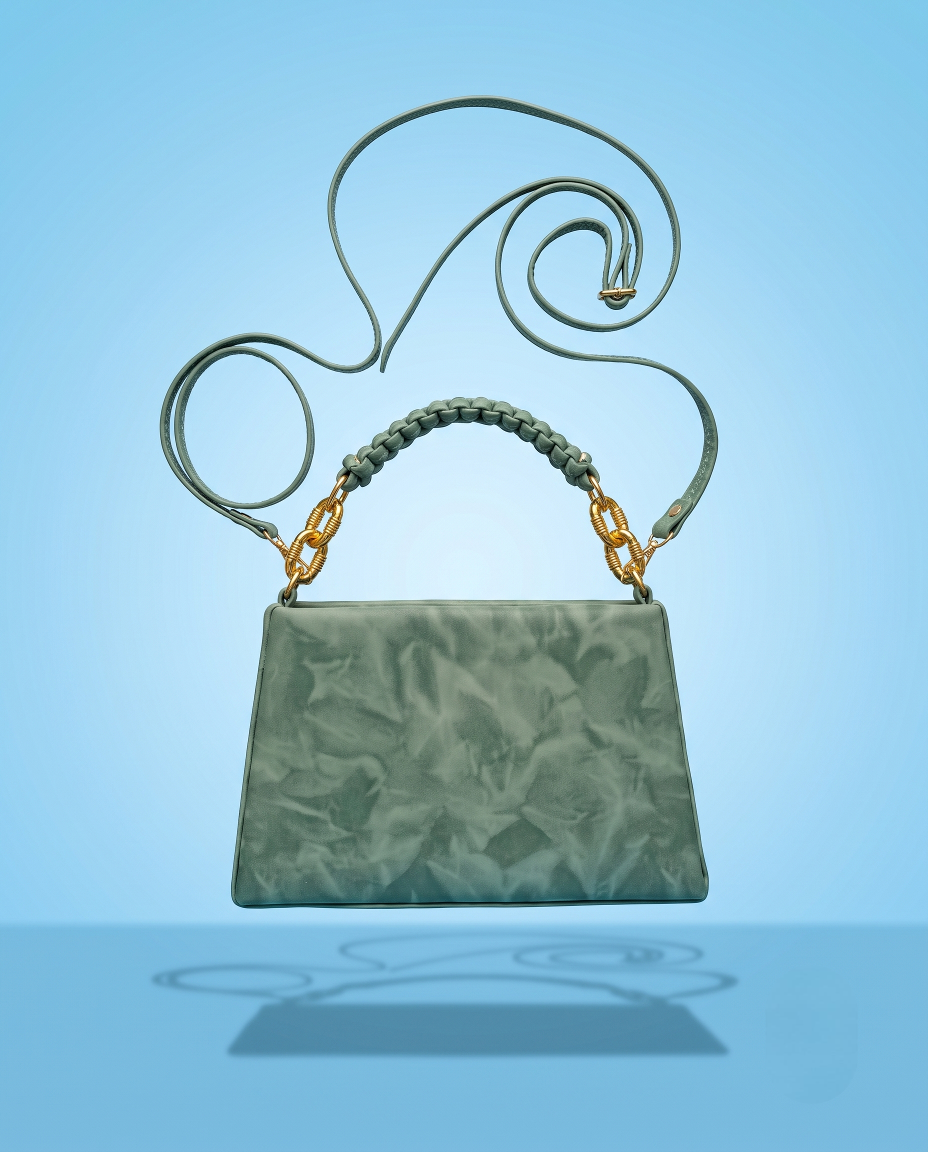 Sage Green Textured Handbag with Braided Handle & Gold Chain Detail