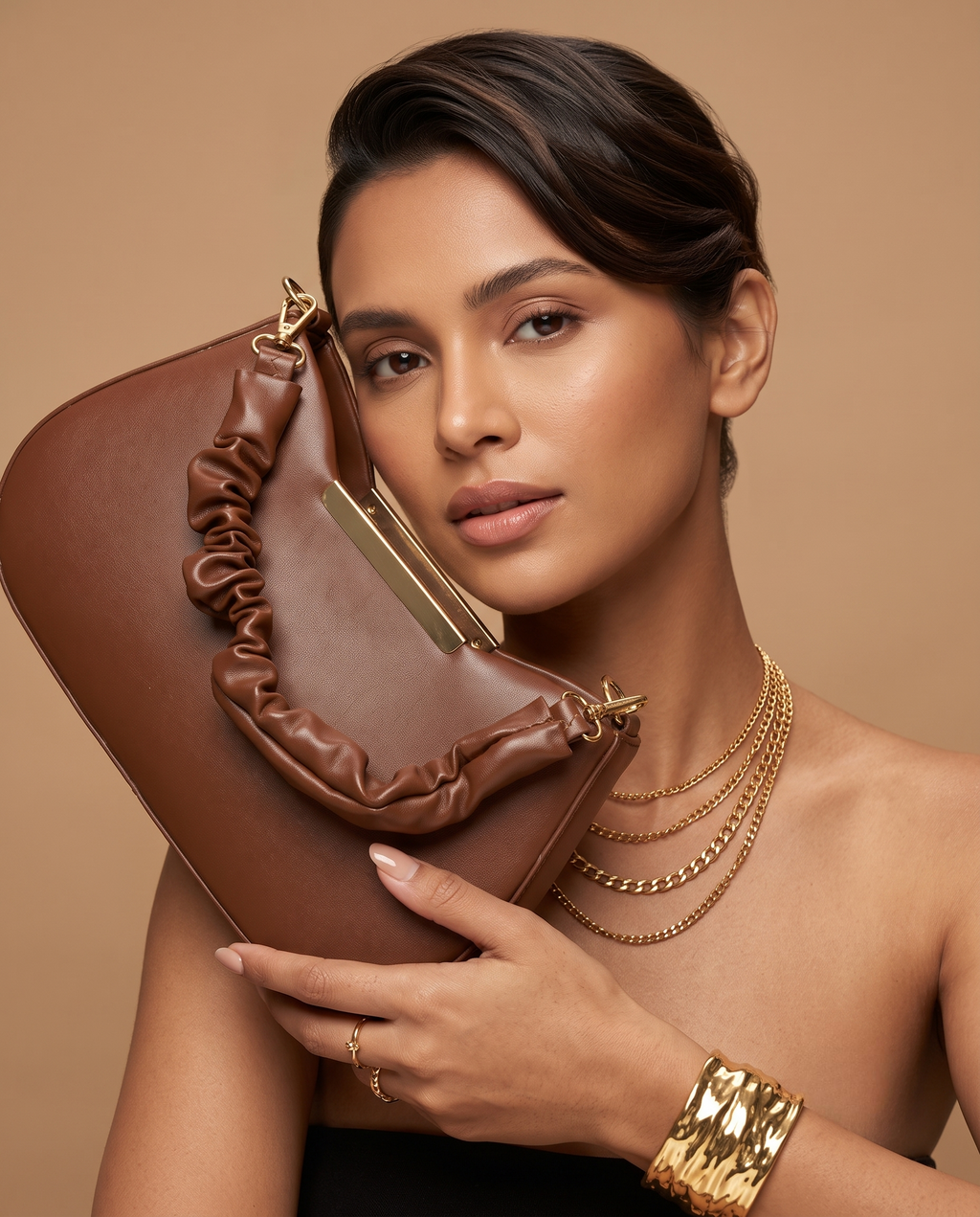 Tan Brown Clutch Bag with Ruched Handle & Gold Bar Detail