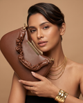 Tan Brown Clutch Bag with Ruched Handle & Gold Bar Detail