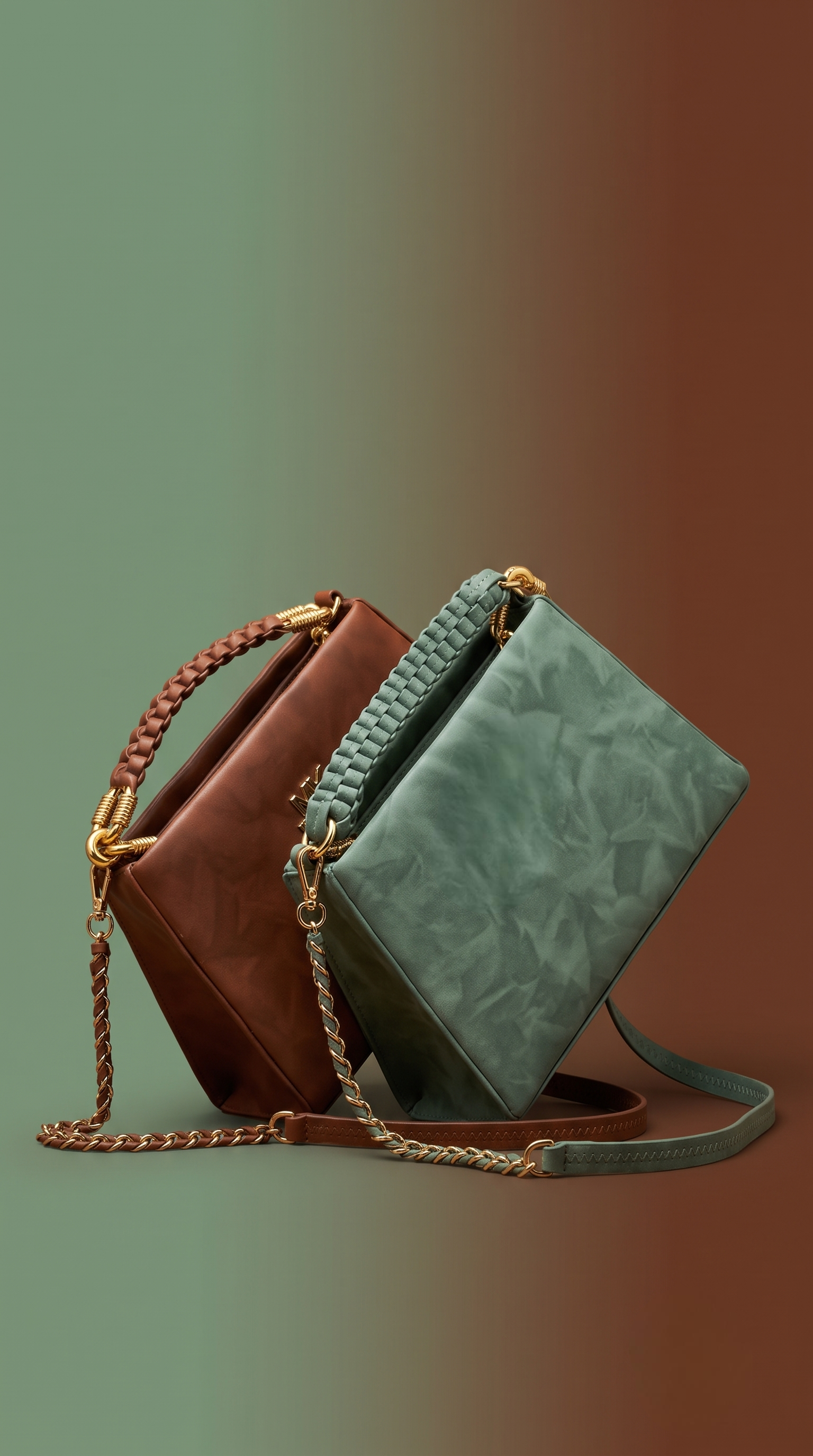 Sage Green Textured Handbag with Braided Handle & Gold Chain Detail