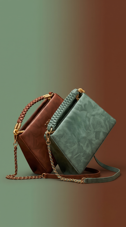 Sage Green Textured Handbag with Braided Handle & Gold Chain Detail