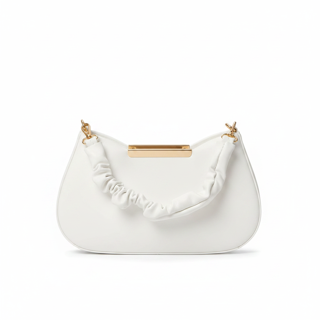 Tan Brown Clutch Bag with Ruched Handle & Gold Bar Detail